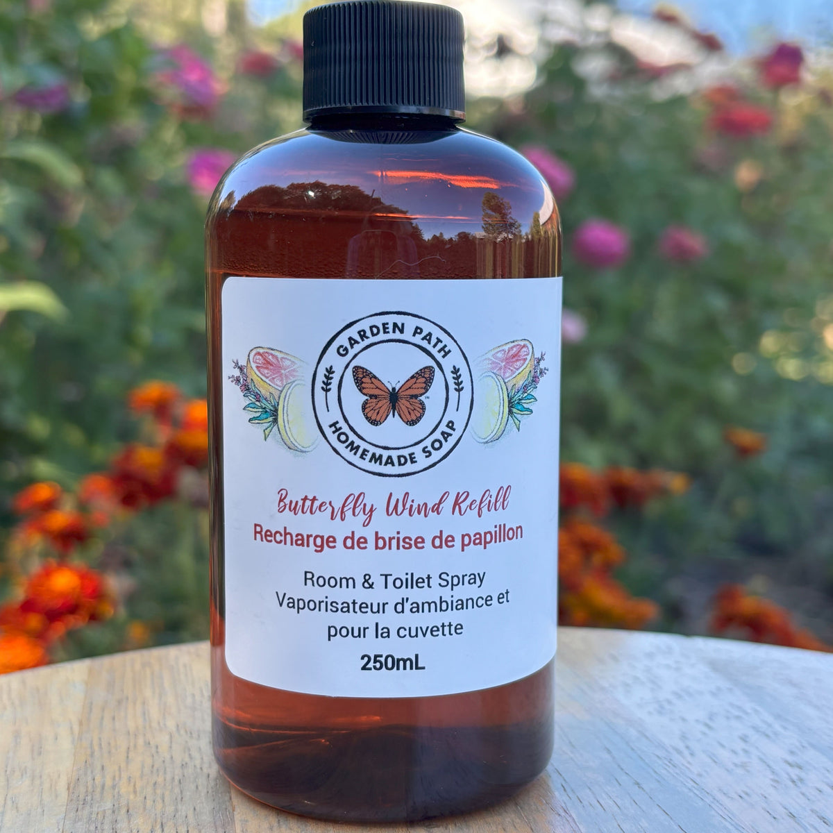 Butterfly Wind 250ml refill bottle - Room & Toilet Spray by Garden Path Homemade Soap. 100% Natural Essential Oil Blend