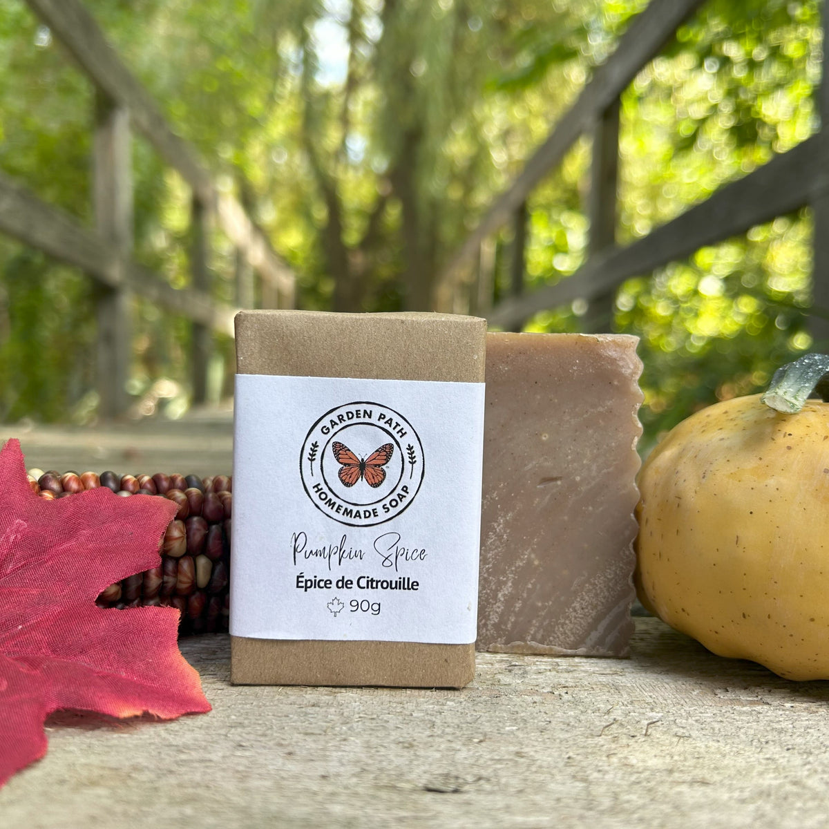 Pumpkin Spice Bar Soap (limited time) on a wooden surface with yellow squash, maple leave and corn beside the bars.| Lightly Scented with Pumpkin Spice Fragrance - Garden Path Homemade Soap
