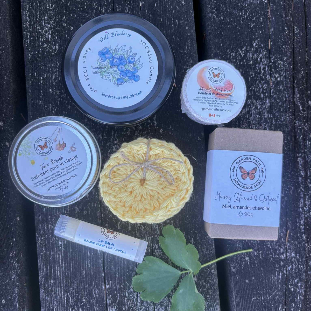 Spa in a Box - Wild Blueberry Candle, Shower Puck, Face Scrub, Honey Almond and Oatmeal Soap, Lip Balm and face scrubby | Garden Path Homemade Soap