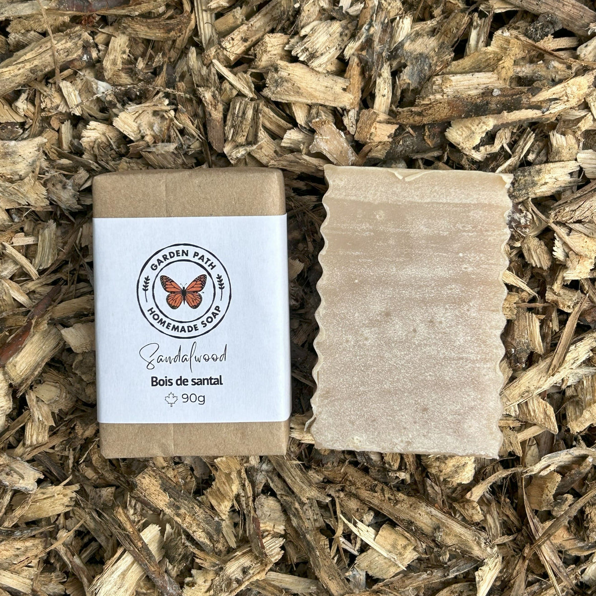 Sandalwood Bar Soap on a bed of wood chips | Lightly Scented Sandalwood Fragrance - Garden Path Homemade Soap