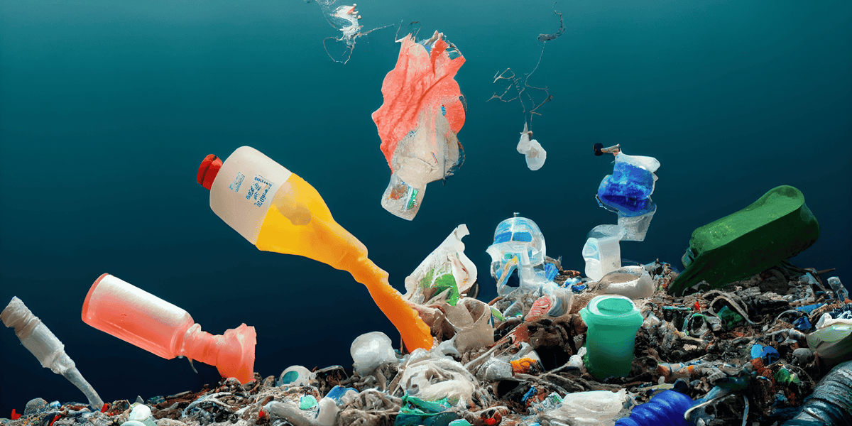 Underwater scene showing a large pile of marine debris and plastic trash on the ocean floor, with floating plastic bottles, bags, and fragments suspended in deep blue water.
