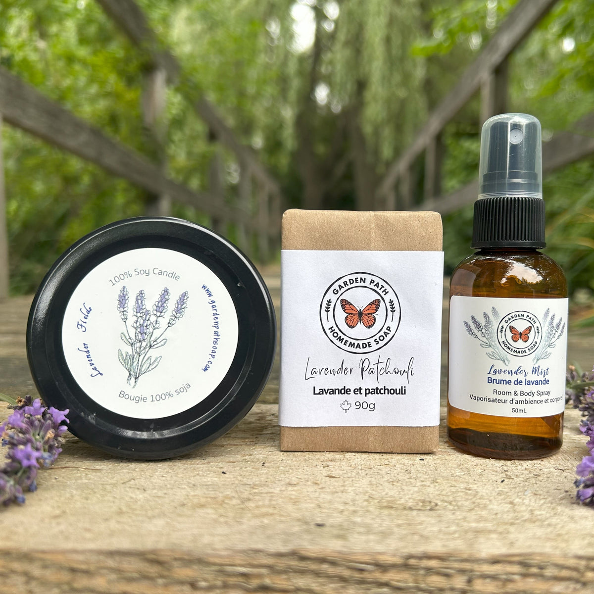 Zen Bundle featuring small soy lavender candle, Lavender Patchouli Bar Soap, and Lavender Mist - Garden Path Homemade Soap 